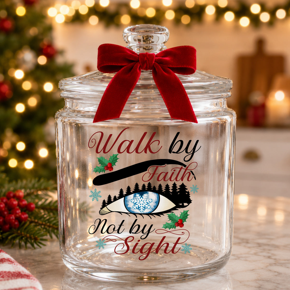 Walk By Faith Snowflake Eye UV DTF sticker applied to a glass candy jar tied with a red bow