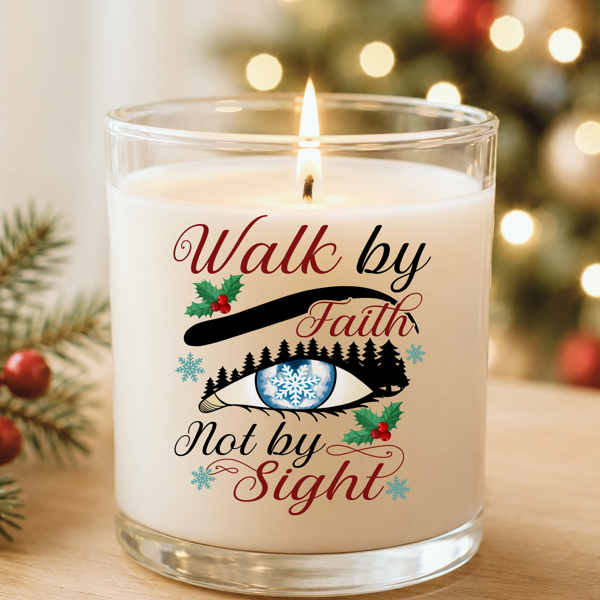 Walk By Faith Snowflake Eye UV DTF sticker applied to a white candle in a glass holder near Christmas lights
