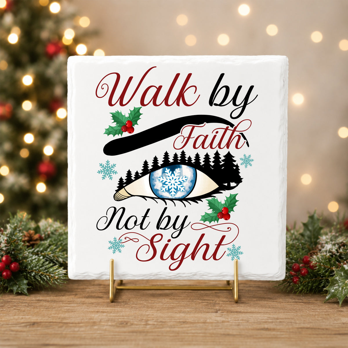 Walk By Faith Snowflake Eye UV DTF sticker applied to a white tile on a gold stand
