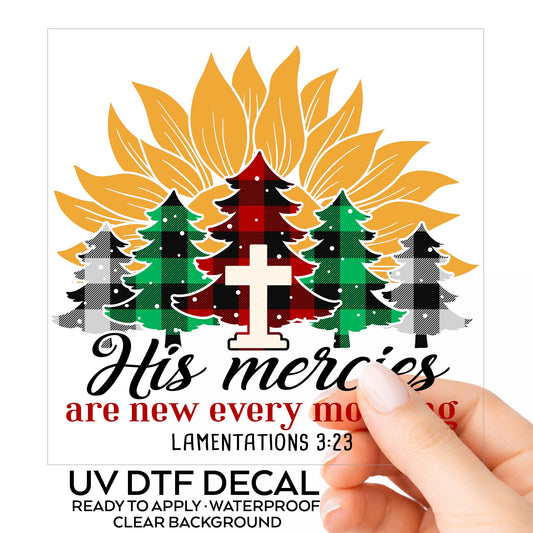 His Mercies Sunflower Christmas Tree UV DTF sticker on its backing card, held in hand