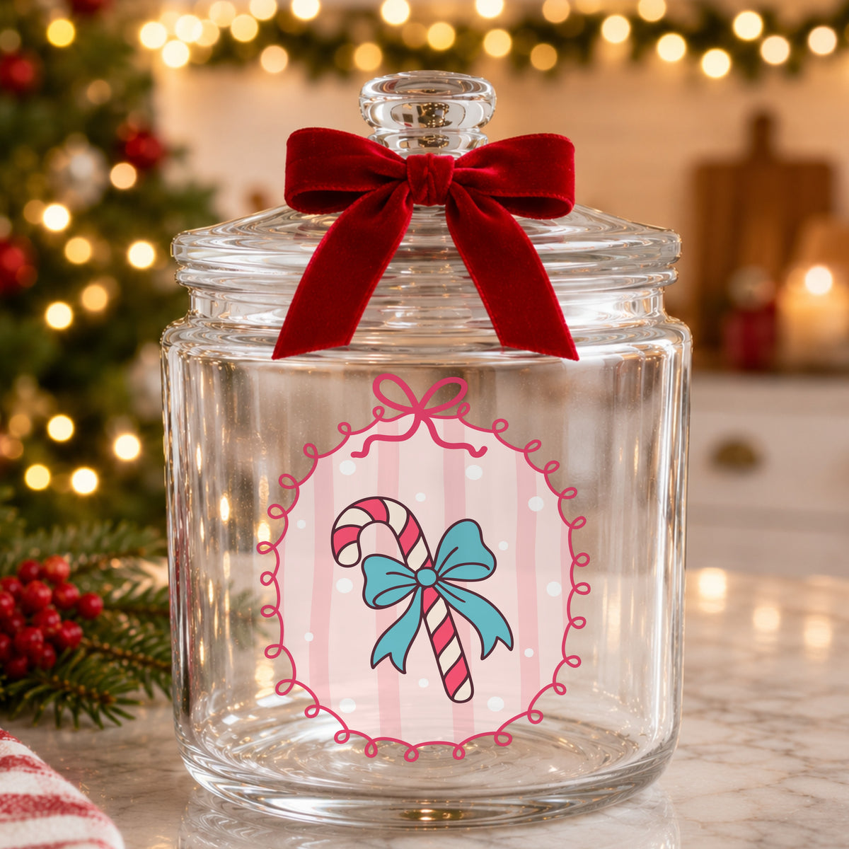 Coquette Candy Cane UV DTF sticker applied to a glass candy jar tied with a red bow