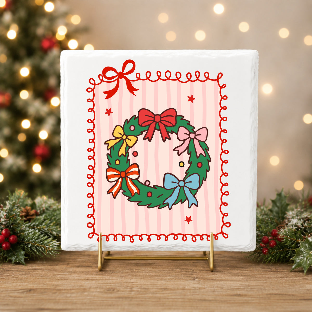 Coquette Bow Christmas Wreath UV DTF sticker applied to a white tile on a gold stand