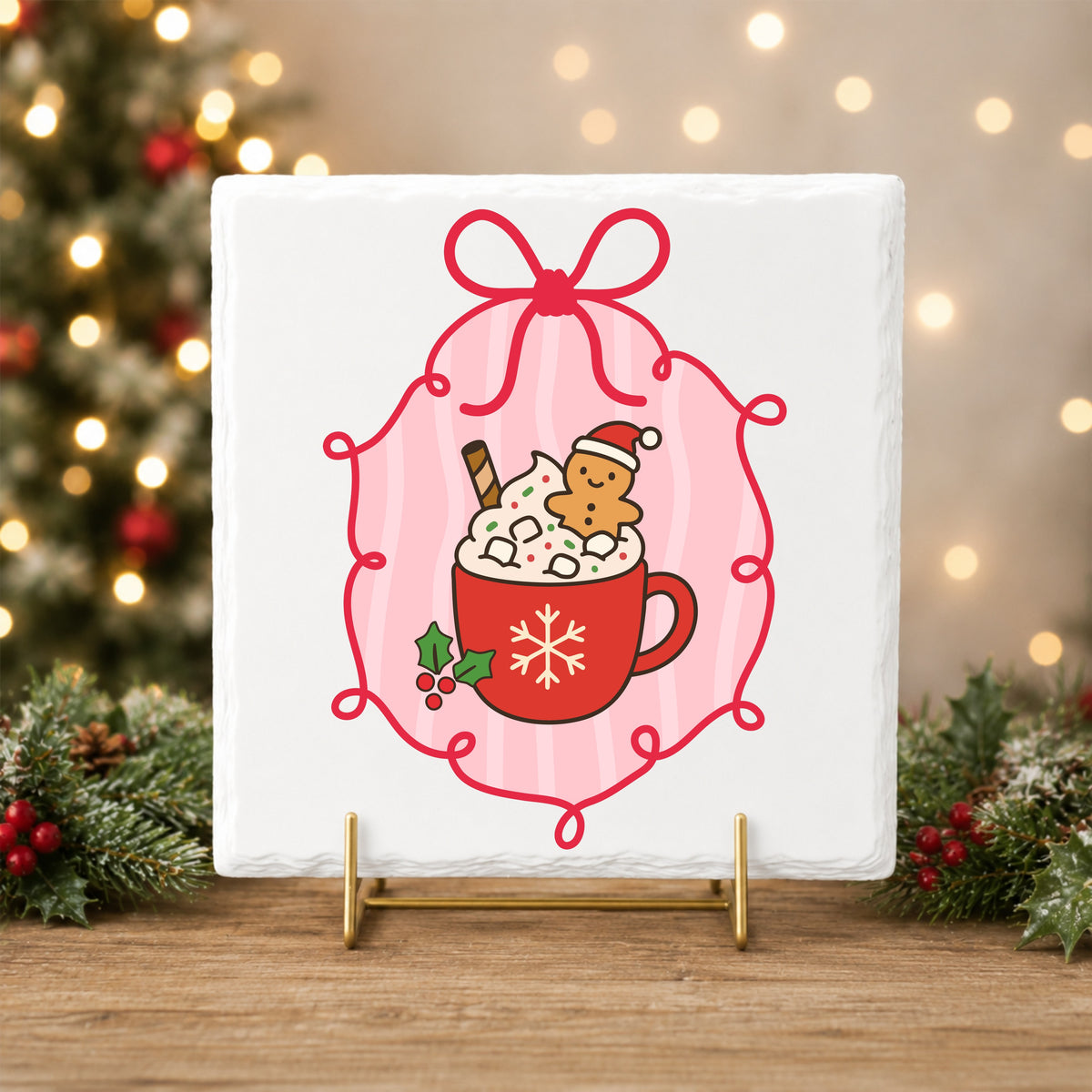 Coquette Gingerbread Hot Cocoa UV DTF sticker applied to a white tile on a gold stand
