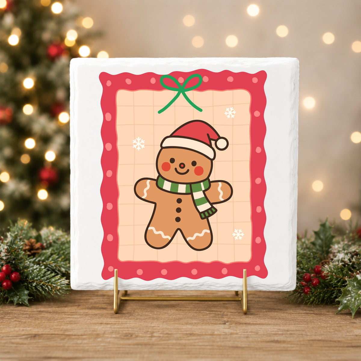 Coquette Gingerbread Man UV DTF sticker applied to a white tile on a gold stand