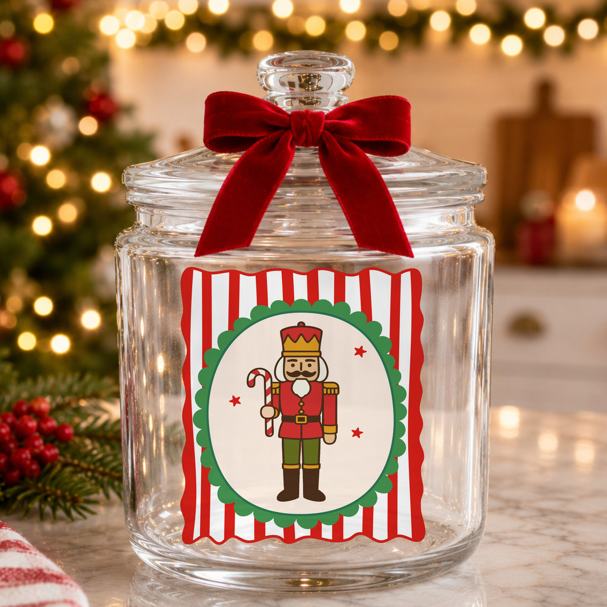 Coquette Nutcracker Soldier UV DTF sticker applied to a glass candy jar tied with a red bow