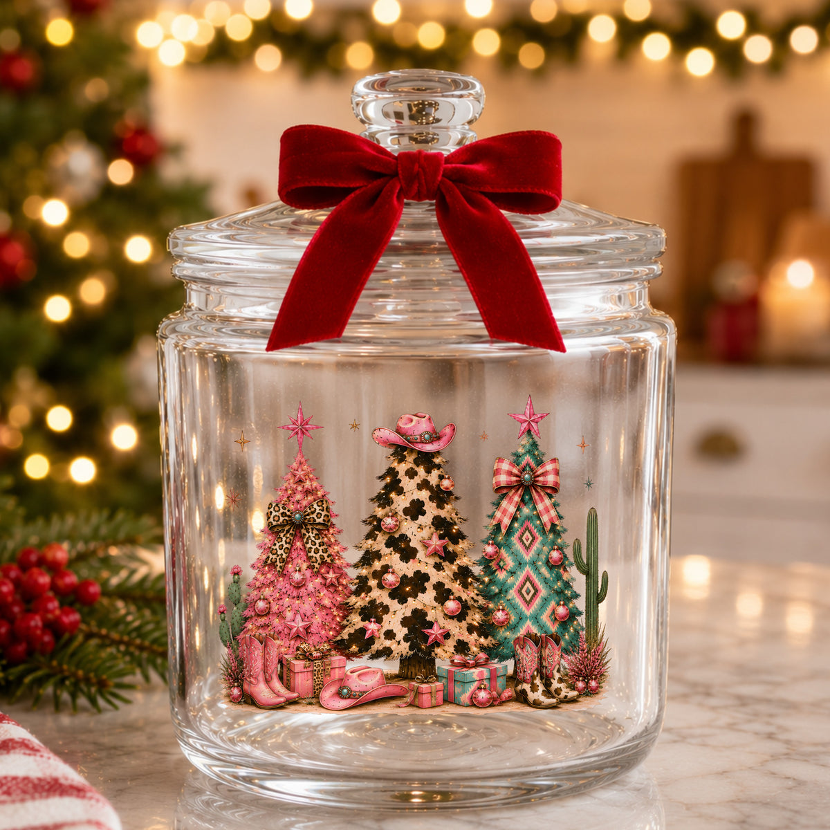 Western Leopard Christmas Trees UV DTF sticker applied to a glass candy jar tied with a red bow