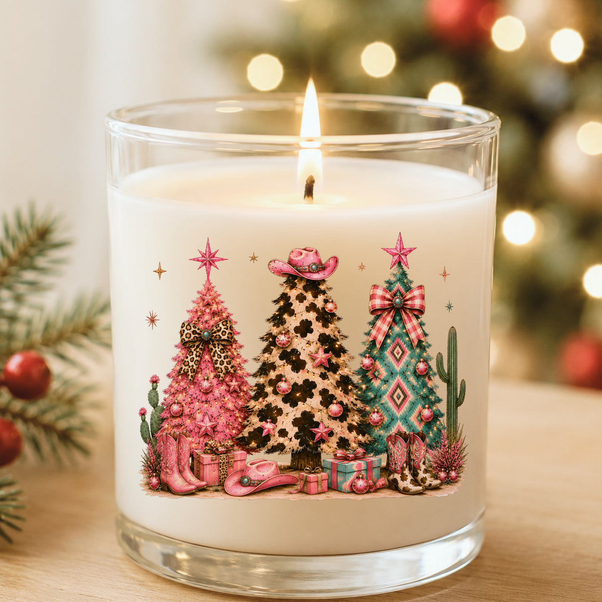 Western Leopard Christmas Trees UV DTF sticker applied to a white candle in a glass holder near Christmas lights