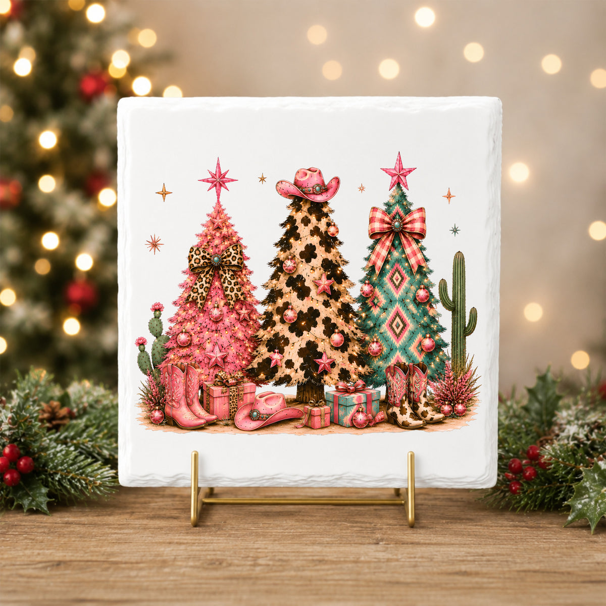Western Leopard Christmas Trees UV DTF sticker applied to a white tile on a gold stand