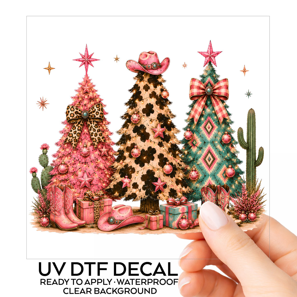 Western Leopard Christmas Trees UV DTF sticker on its backing card, held in hand