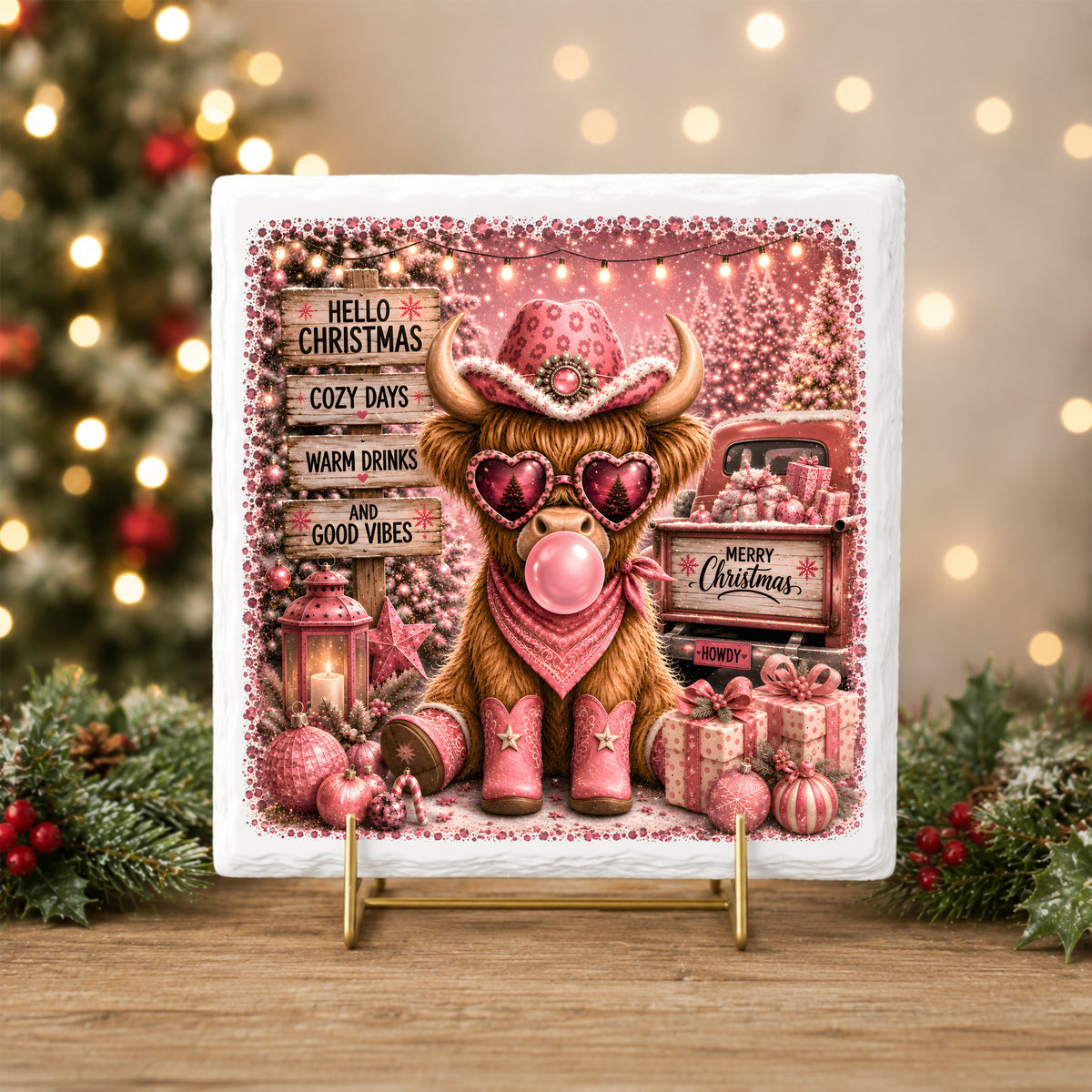 Pink Highland Cow Hello Christmas UV DTF sticker applied to a white tile on a gold stand
