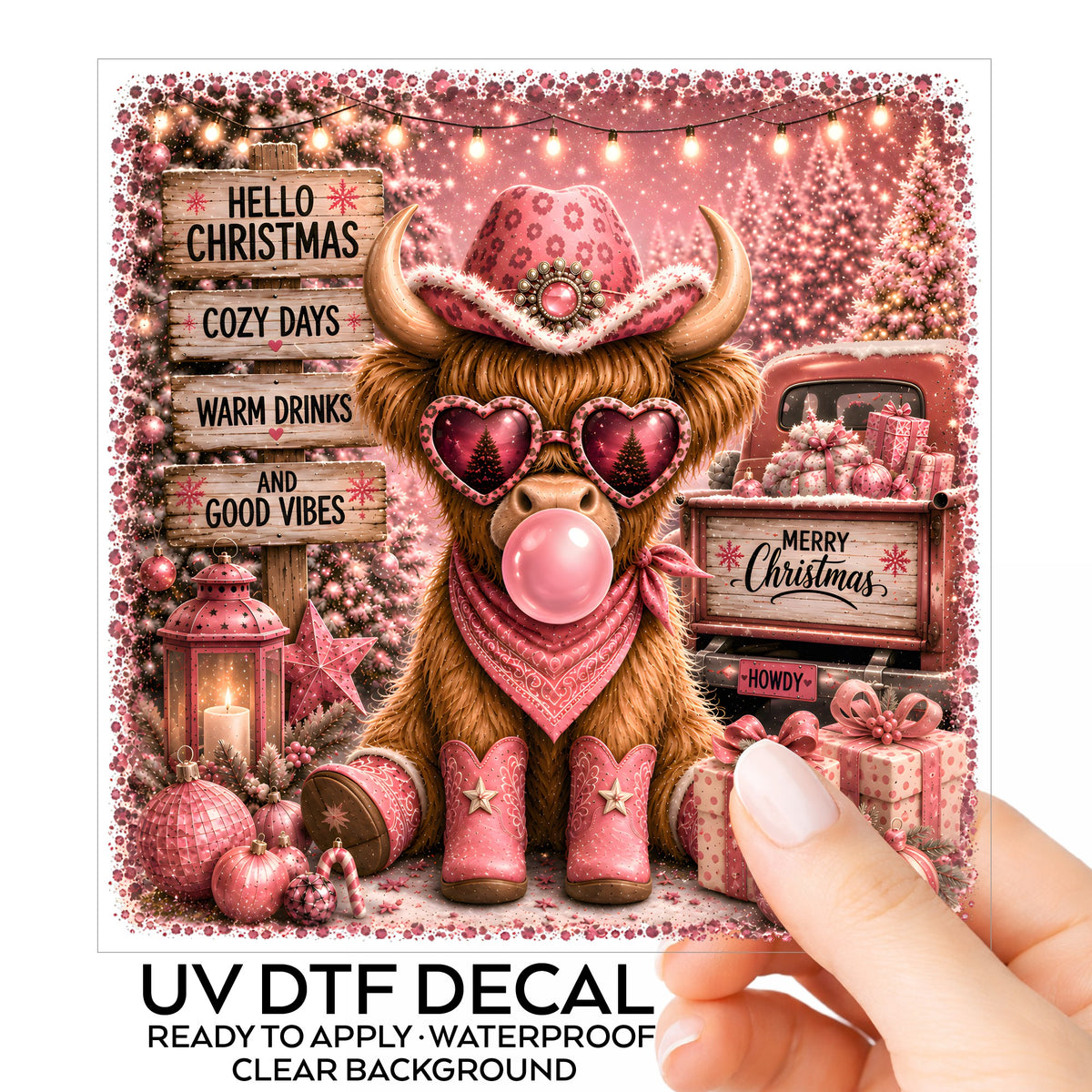 Pink Highland Cow Hello Christmas UV DTF sticker on its backing card, held in hand