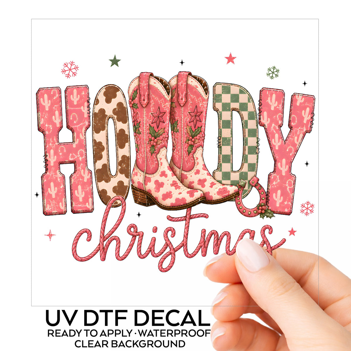 Howdy Christmas Cowboy Boots UV DTF sticker on its backing card, held in hand