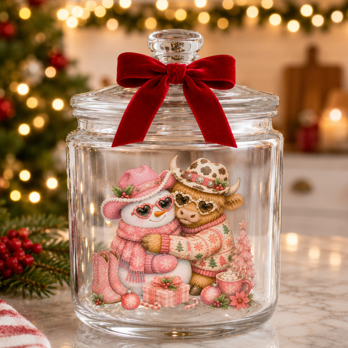 Snowman Highland Cow Christmas Hug UV DTF sticker applied to a glass candy jar tied with a red bow