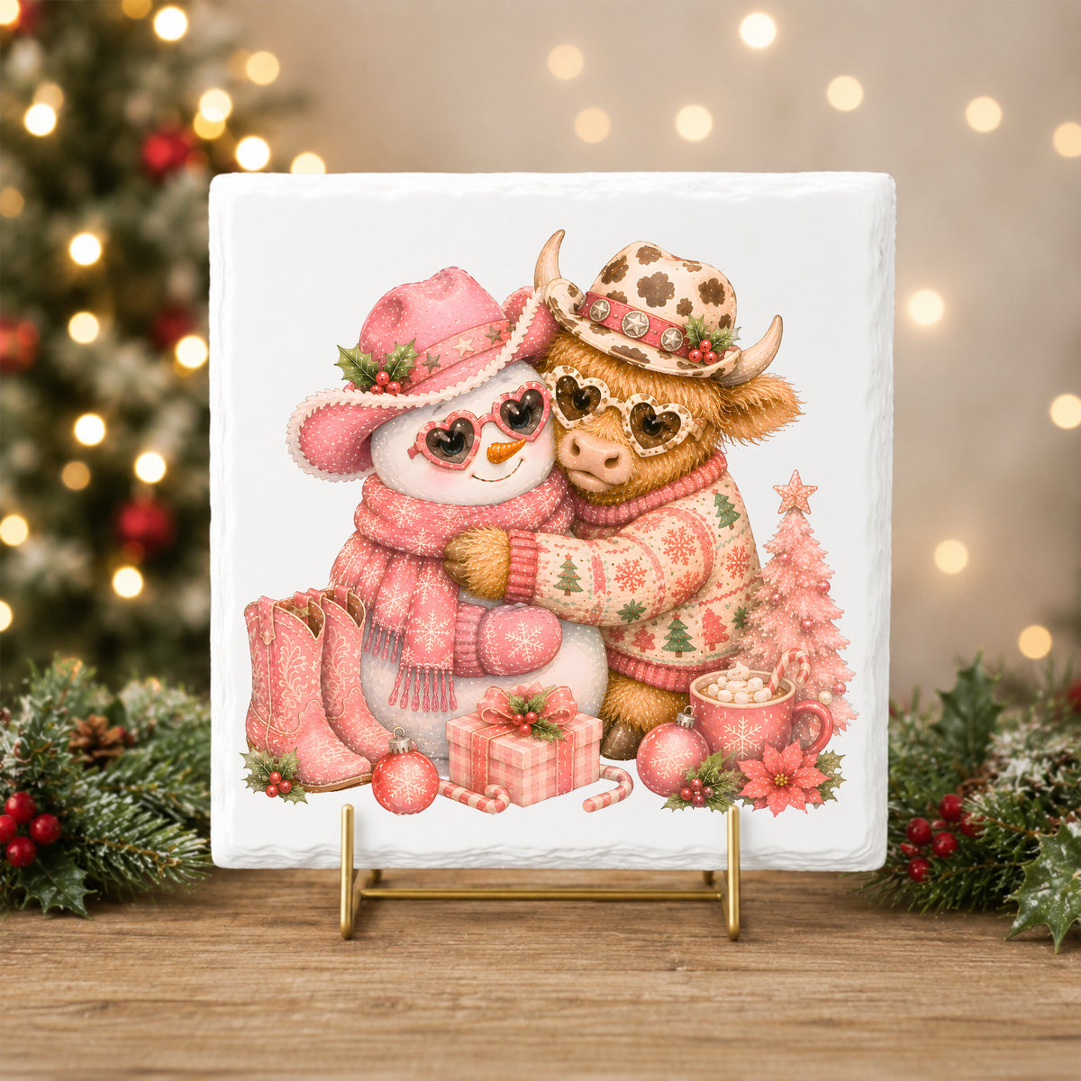 Snowman Highland Cow Christmas Hug UV DTF sticker applied to a white tile on a gold stand