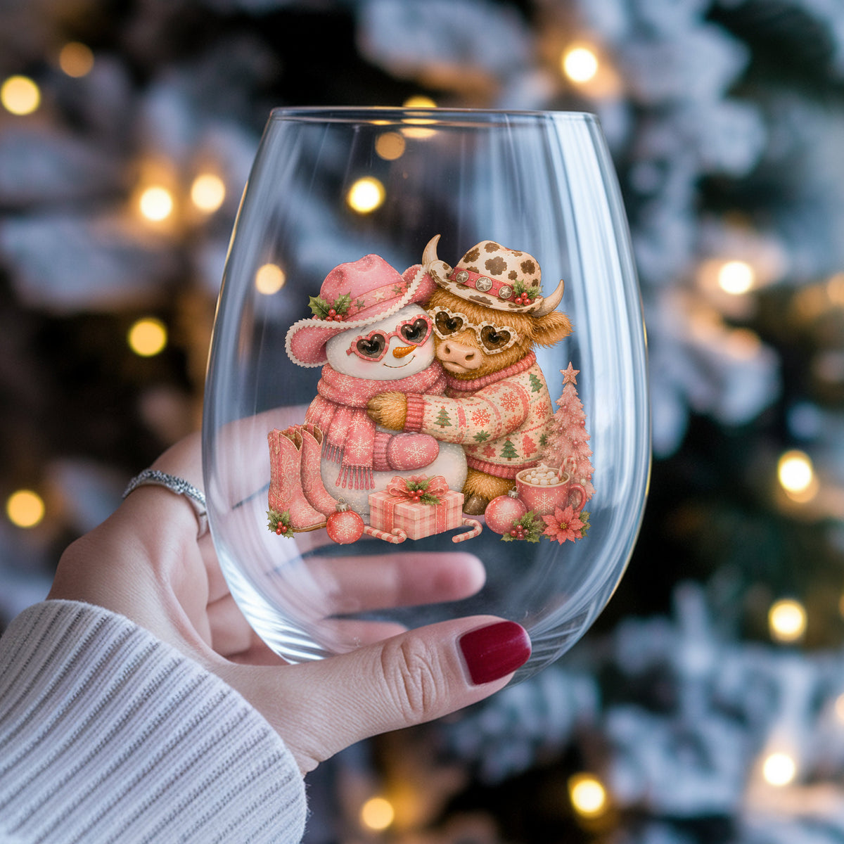 Snowman Highland Cow Christmas Hug UV DTF sticker applied to a stemless wine glass held in hand