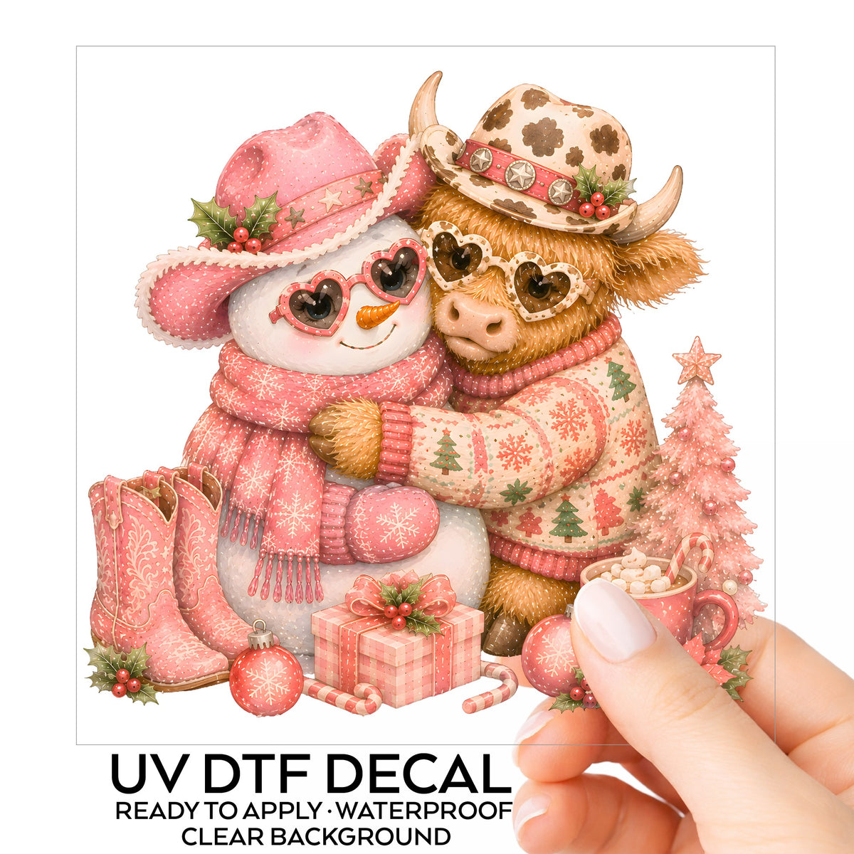 Snowman Highland Cow Christmas Hug UV DTF sticker on its backing card, held in hand