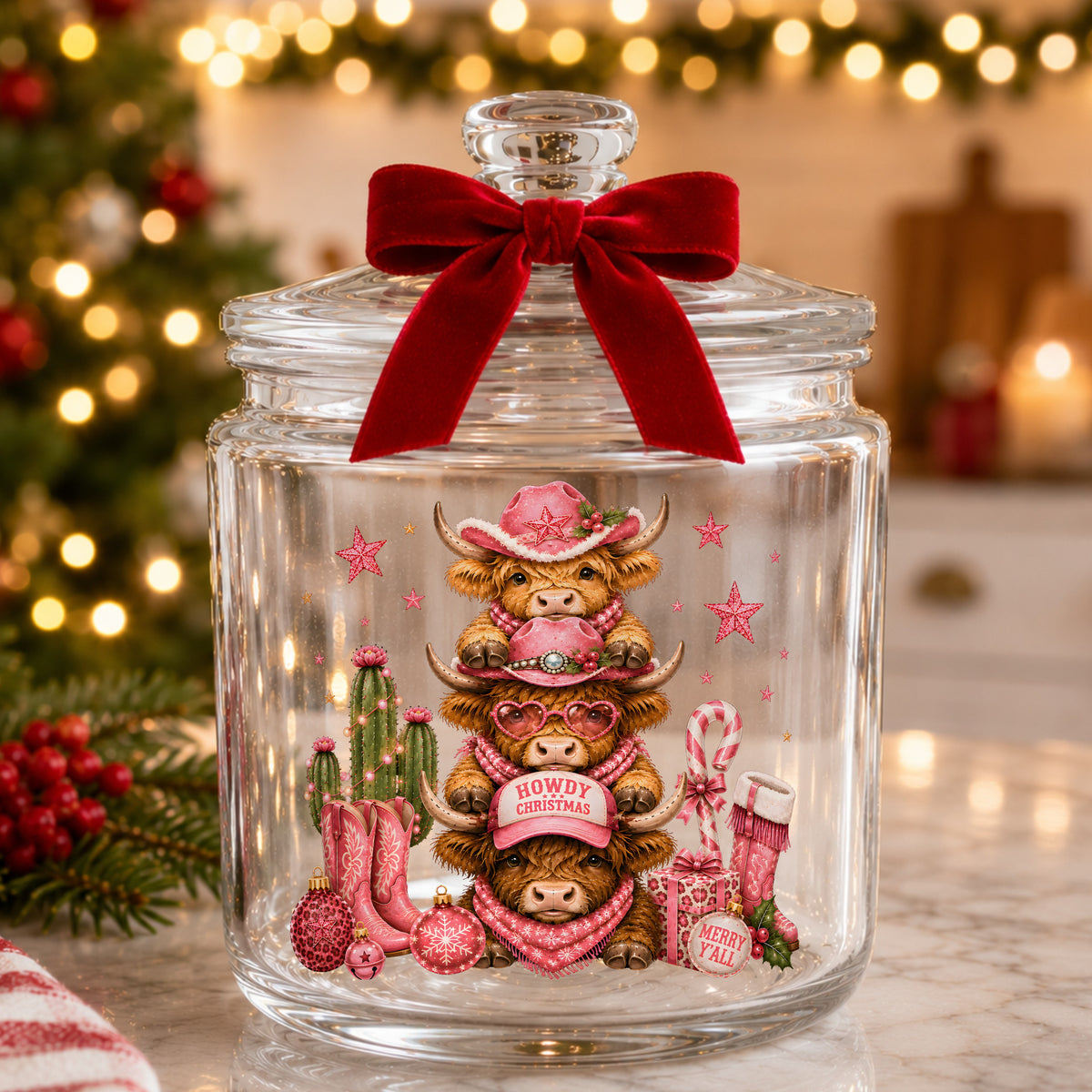Stacked Highland Cows Howdy Christmas UV DTF sticker applied to a glass candy jar tied with a red bow