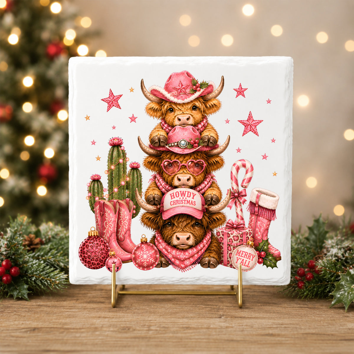 Stacked Highland Cows Howdy Christmas UV DTF sticker applied to a white tile on a gold stand