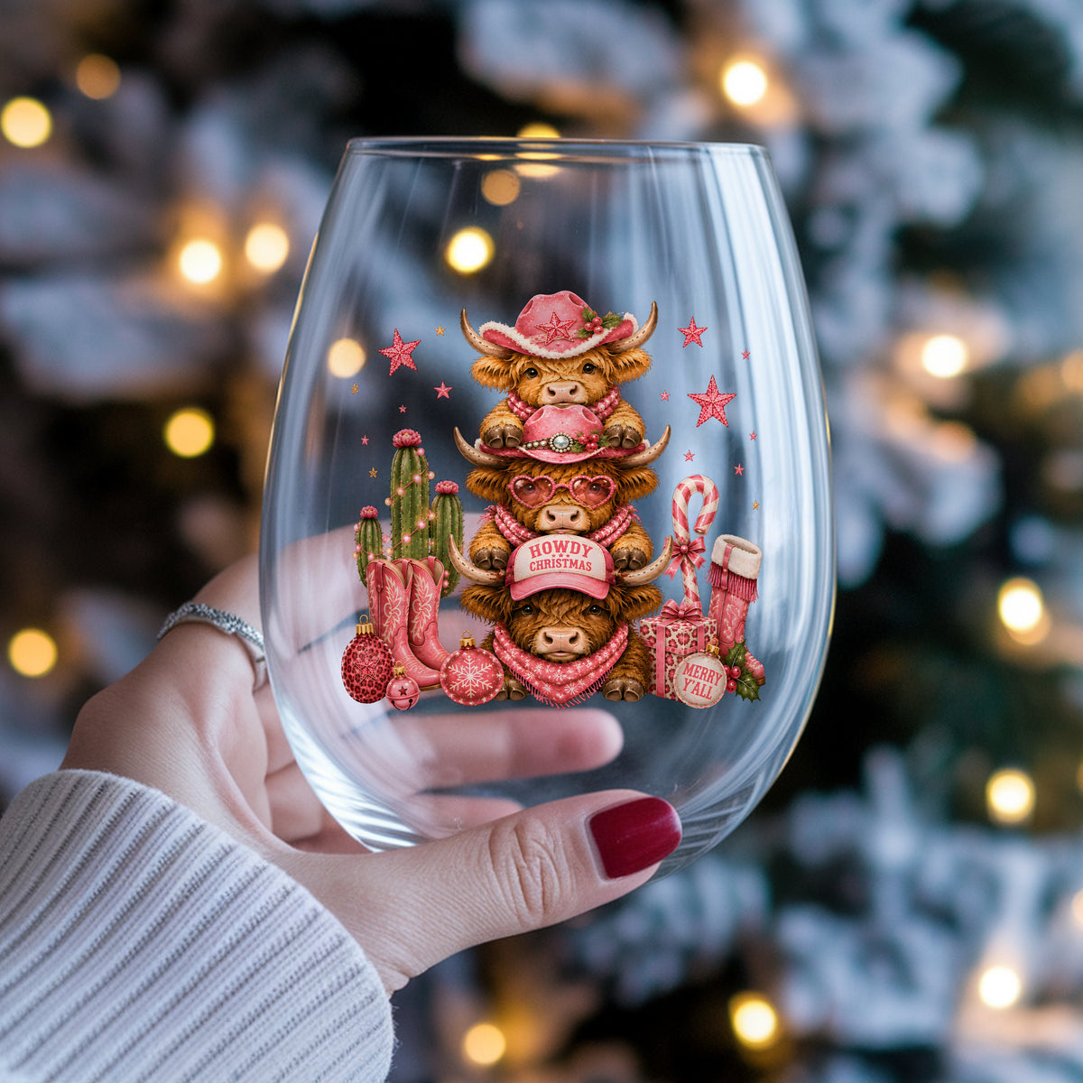 Stacked Highland Cows Howdy Christmas UV DTF sticker applied to a stemless wine glass held in hand
