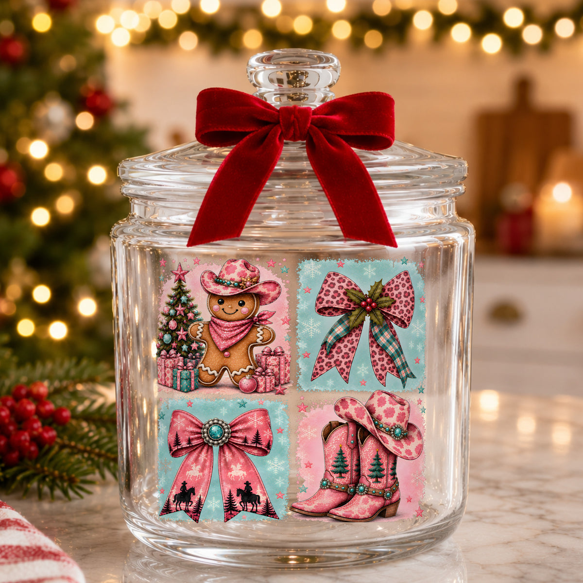 Western Gingerbread Cowgirl Panels UV DTF sticker applied to a glass candy jar tied with a red bow