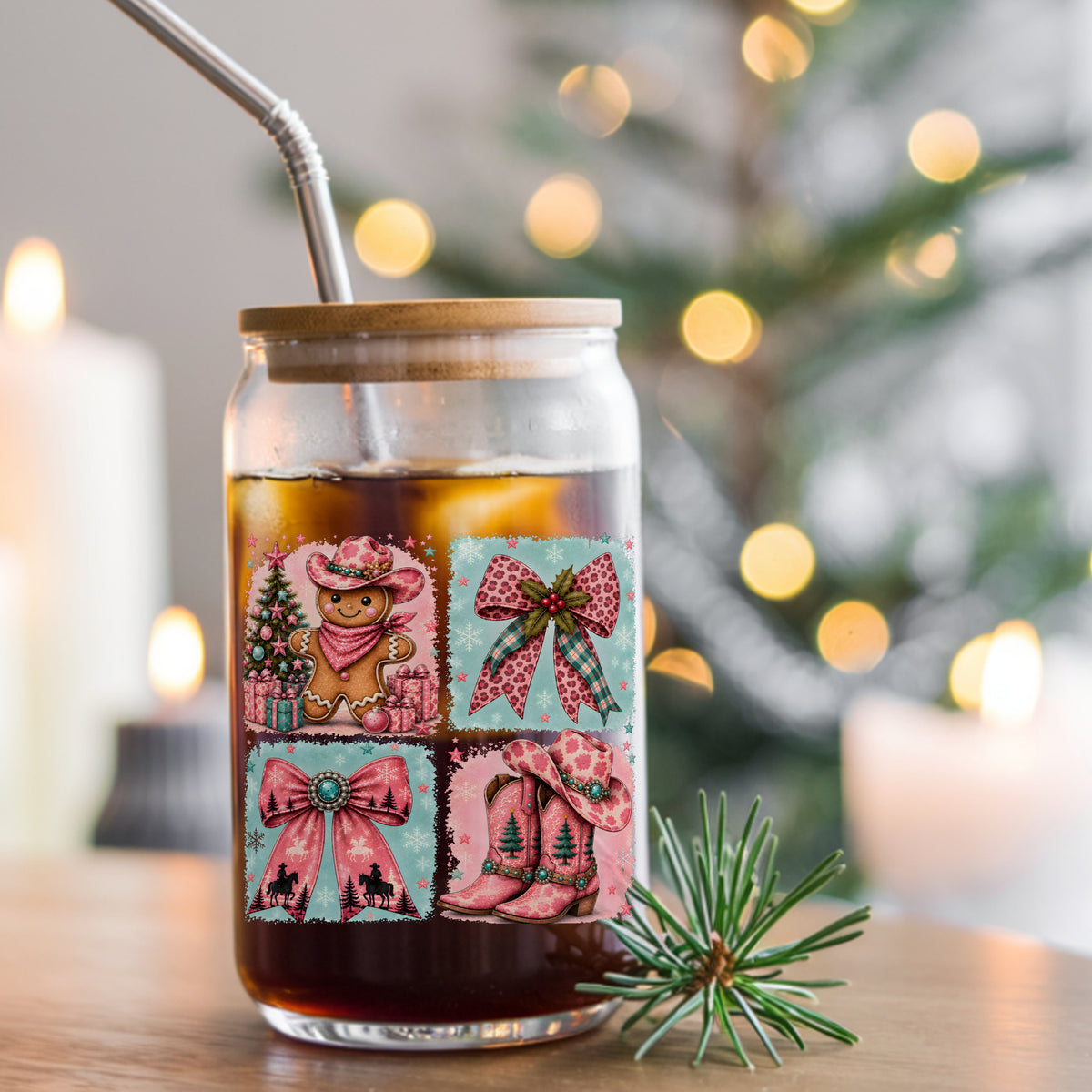 Western Gingerbread Cowgirl Panels UV DTF sticker applied to a glass can cup of iced coffee with a straw