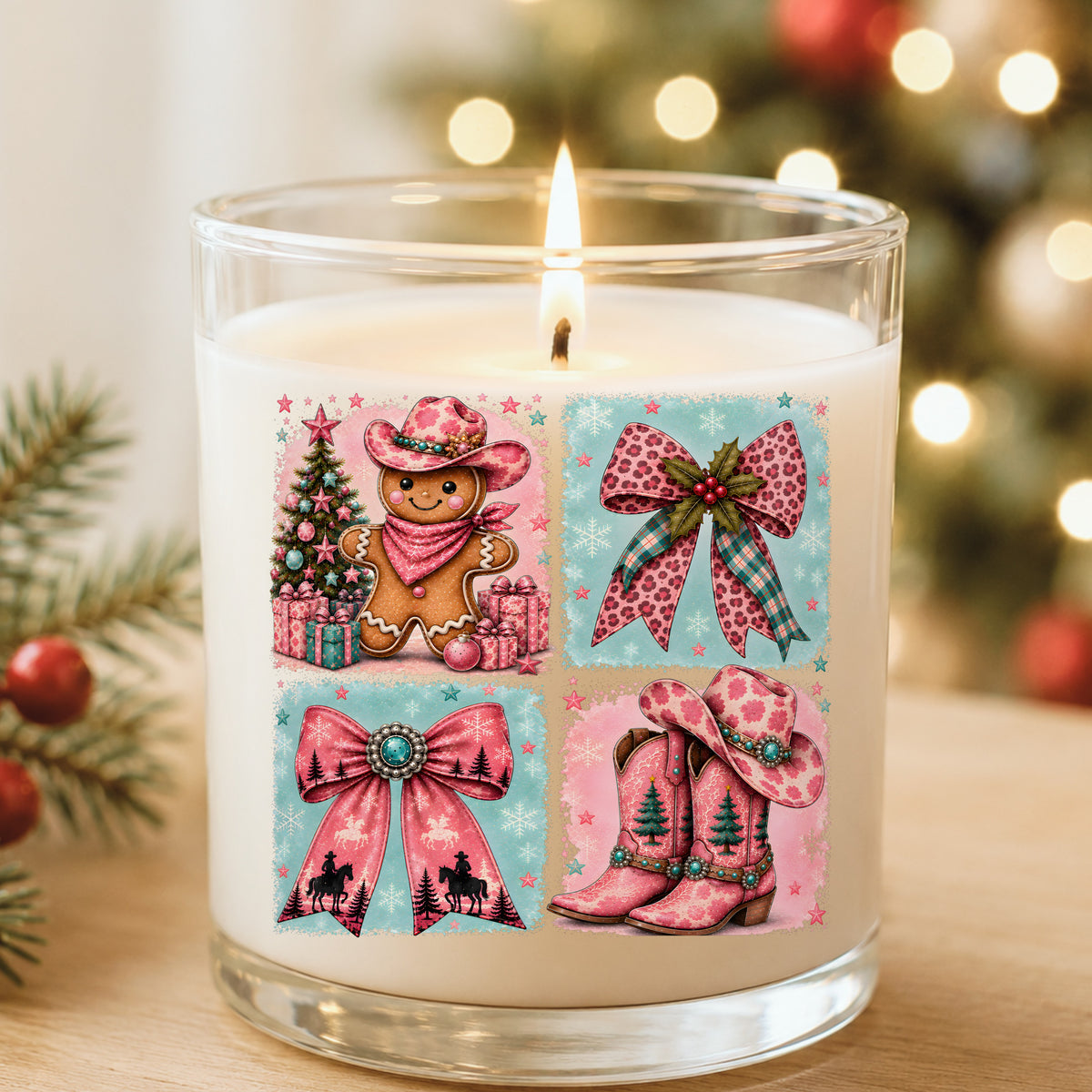Western Gingerbread Cowgirl Panels UV DTF sticker applied to a white candle in a glass holder near Christmas lights