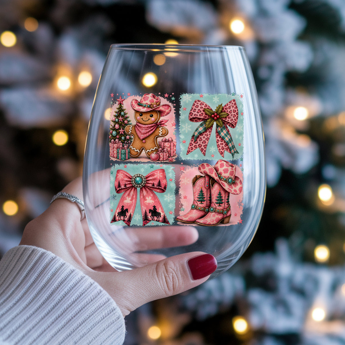 Western Gingerbread Cowgirl Panels UV DTF sticker applied to a stemless wine glass held in hand