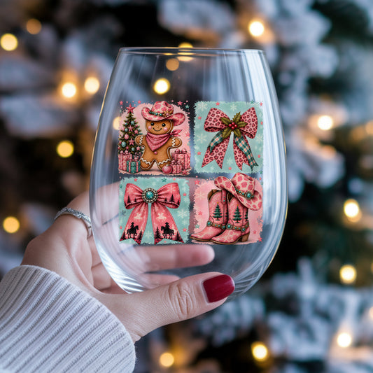 Western Gingerbread Cowgirl Panels UV DTF sticker applied to a stemless wine glass held in hand