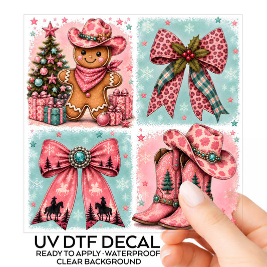 Western Gingerbread Cowgirl Panels UV DTF sticker on its backing card, held in hand