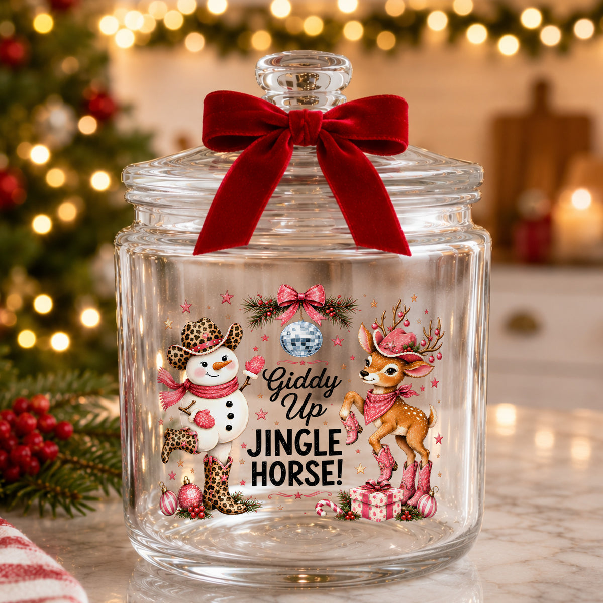 Giddy Up Jingle Horse Snowman Reindeer UV DTF sticker applied to a glass candy jar tied with a red bow