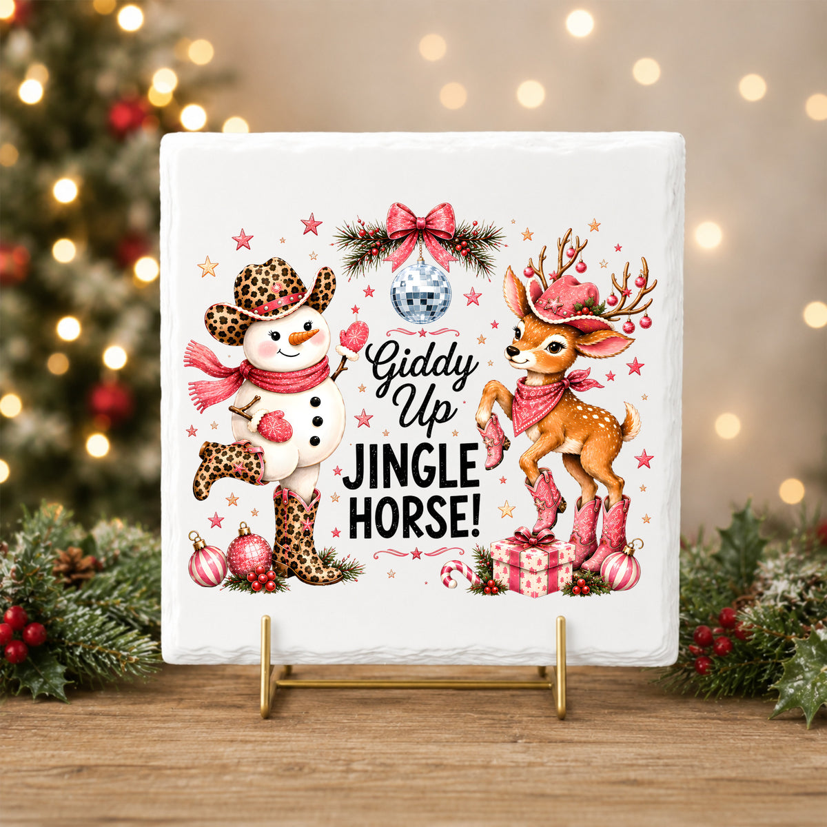 Giddy Up Jingle Horse Snowman Reindeer UV DTF sticker applied to a white tile on a gold stand