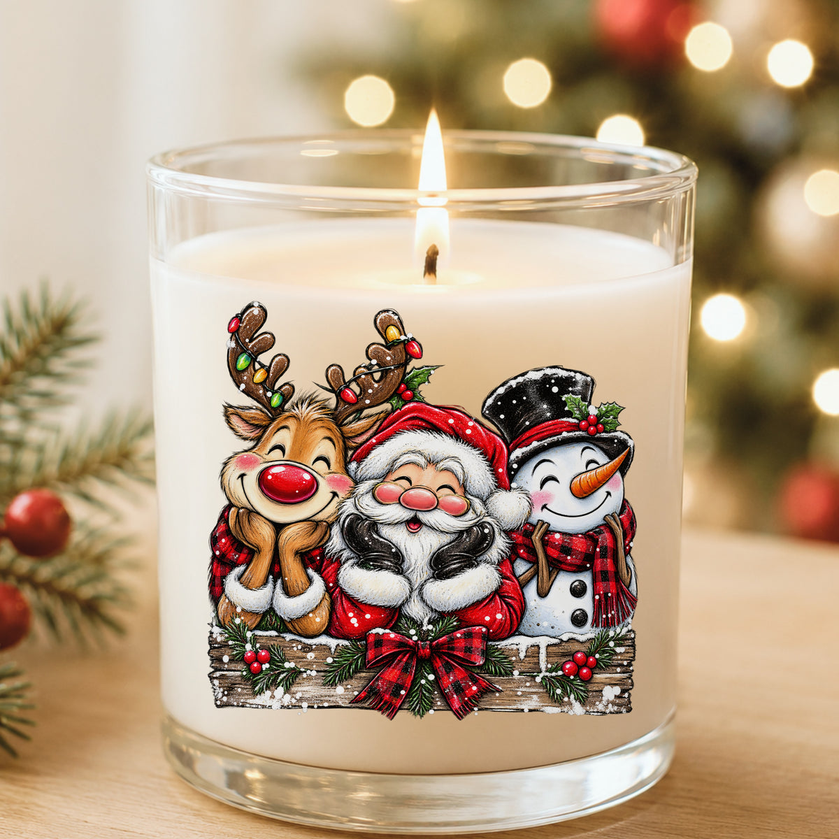 Santa Reindeer Snowman Plaid Bow UV DTF sticker applied to a white candle in a glass holder near Christmas lights