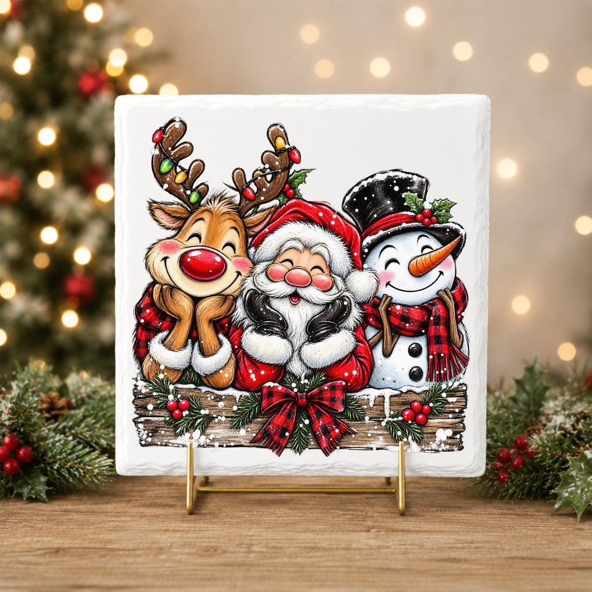 Santa Reindeer Snowman Plaid Bow UV DTF sticker applied to a white tile on a gold stand