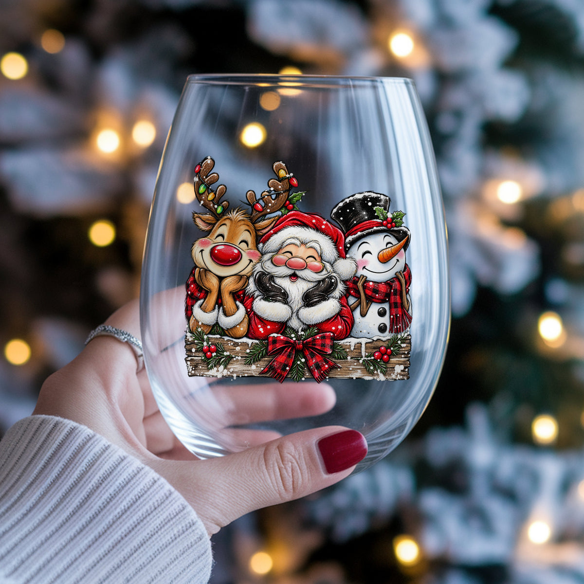 Santa Reindeer Snowman Plaid Bow UV DTF sticker applied to a stemless wine glass held in hand