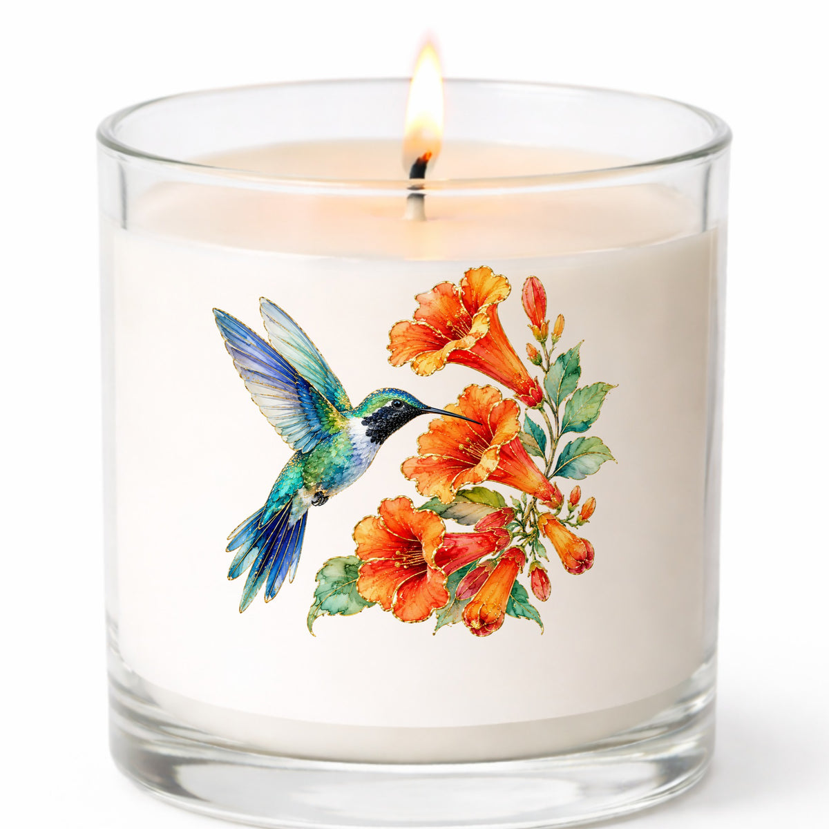 Blue Hummingbird Trumpet Flowers UV DTF sticker applied to a white candle in a clear glass jar