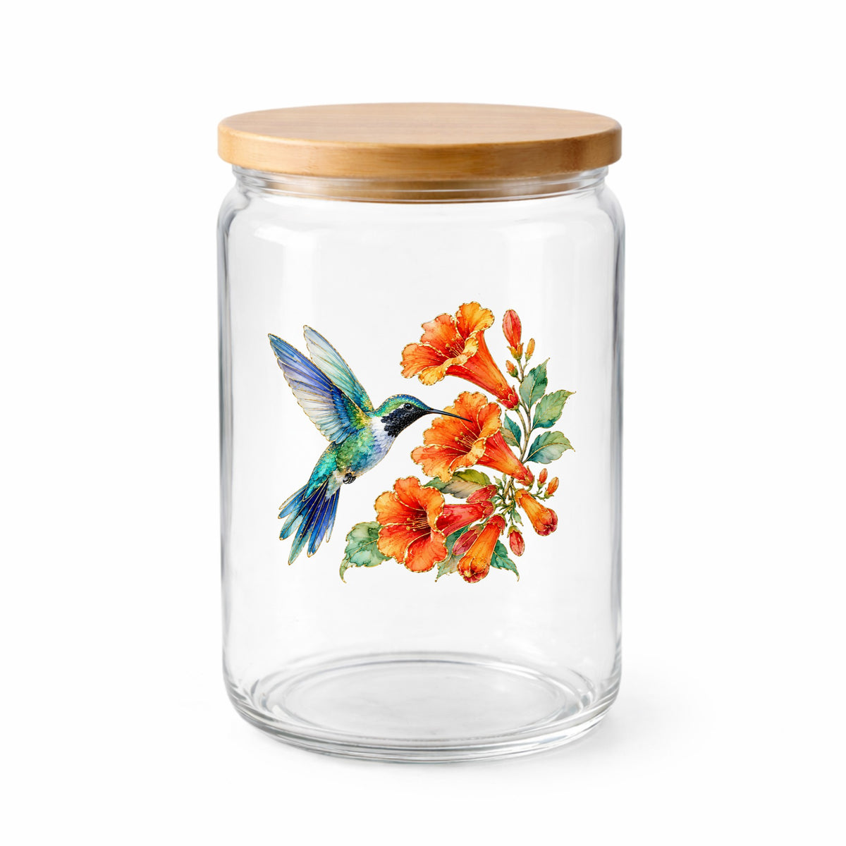 Blue Hummingbird Trumpet Flowers UV DTF sticker applied to a clear glass jar with a wooden lid