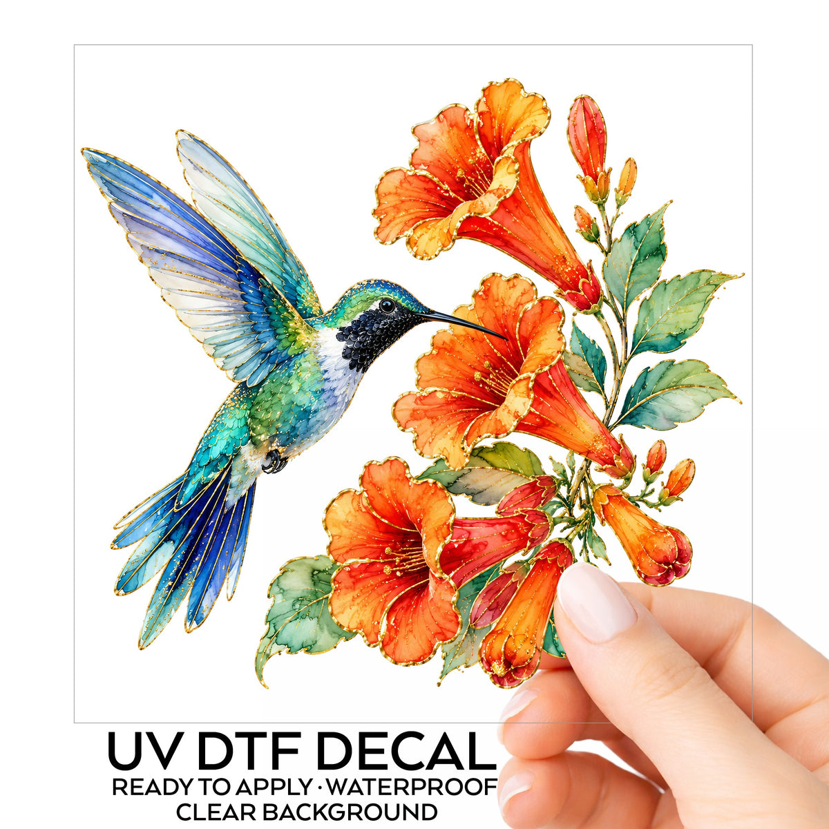 Blue Hummingbird Trumpet Flowers UV DTF sticker on its backing card, held in hand