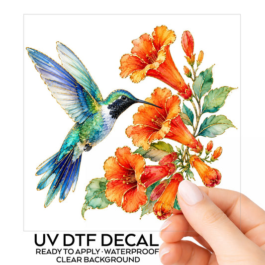 Blue Hummingbird Trumpet Flowers UV DTF sticker on its backing card, held in hand