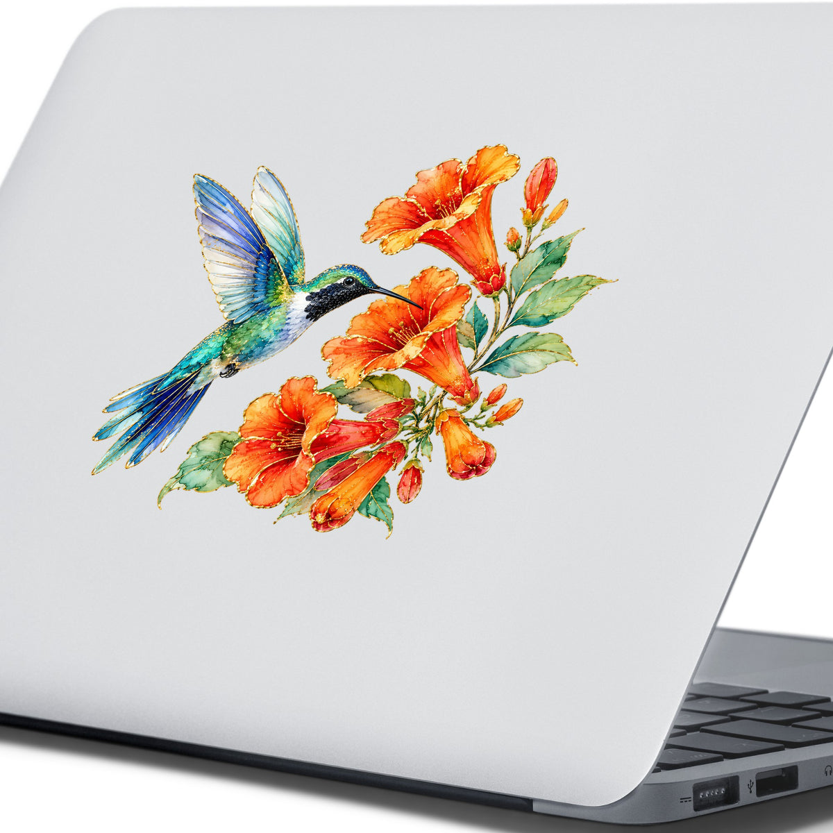 Blue Hummingbird Trumpet Flowers UV DTF sticker applied to the lid of a silver laptop