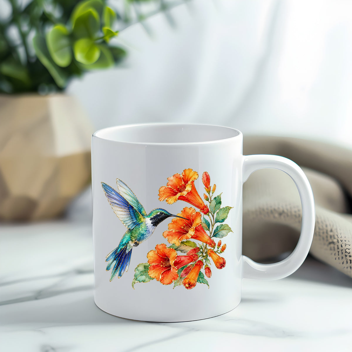 Blue Hummingbird Trumpet Flowers UV DTF sticker applied to a white coffee mug