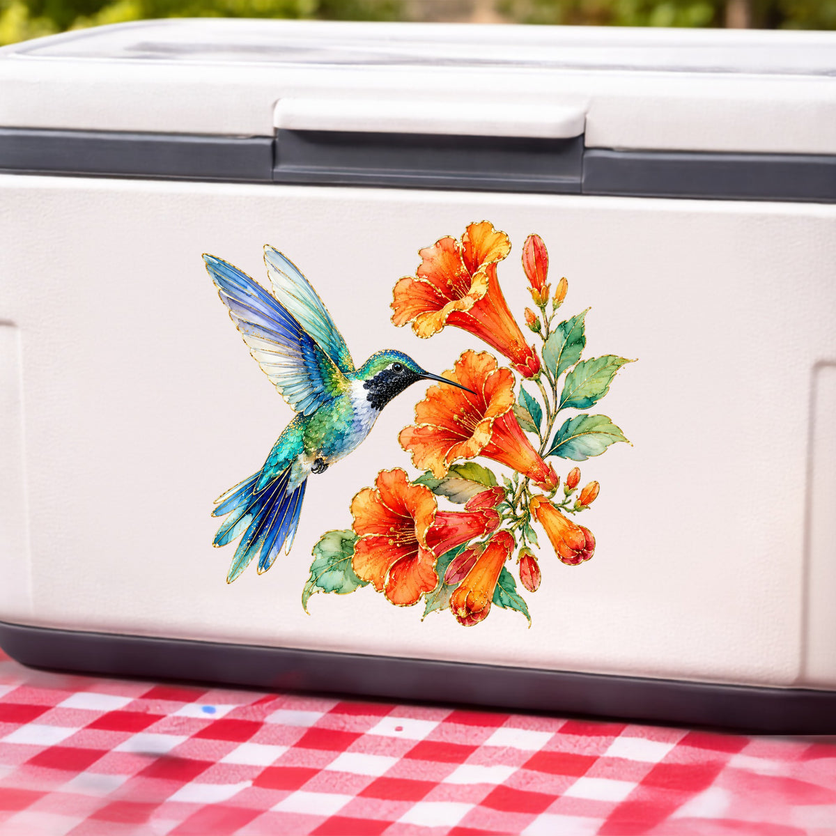 Blue Hummingbird Trumpet Flowers UV DTF sticker applied to a white cooler on a red gingham cloth