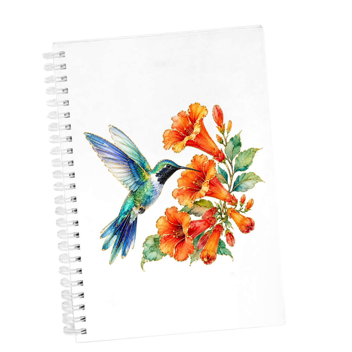 Blue Hummingbird Trumpet Flowers UV DTF sticker applied to the cover of a white spiral journal
