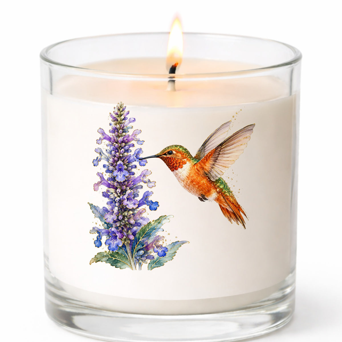 Rufous Hummingbird Purple Flowers UV DTF sticker applied to a white candle in a clear glass jar