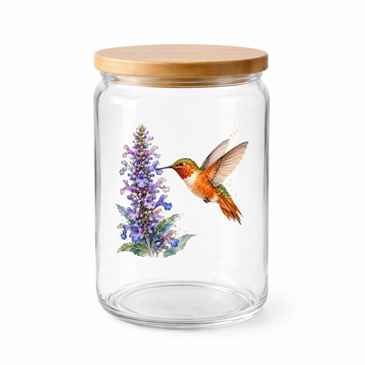 Rufous Hummingbird Purple Flowers UV DTF sticker applied to a clear glass jar with a wooden lid