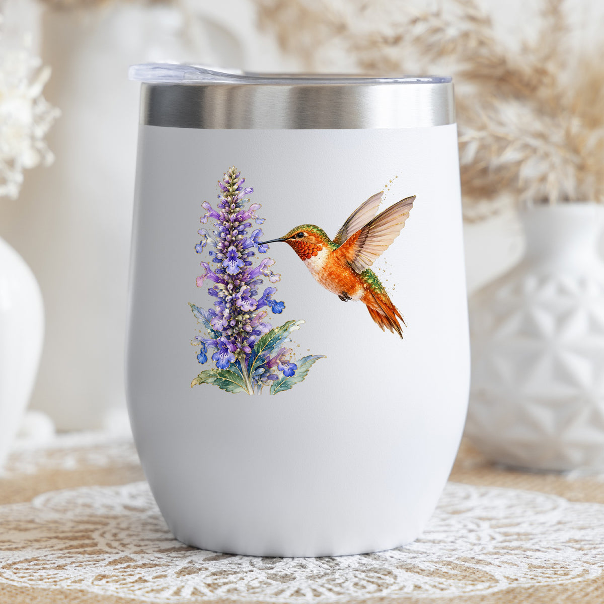 Rufous Hummingbird Purple Flowers UV DTF sticker applied to a white stemless tumbler with a lid