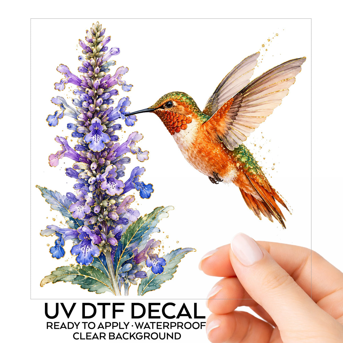 Rufous Hummingbird Purple Flowers UV DTF sticker on its backing card, held in hand