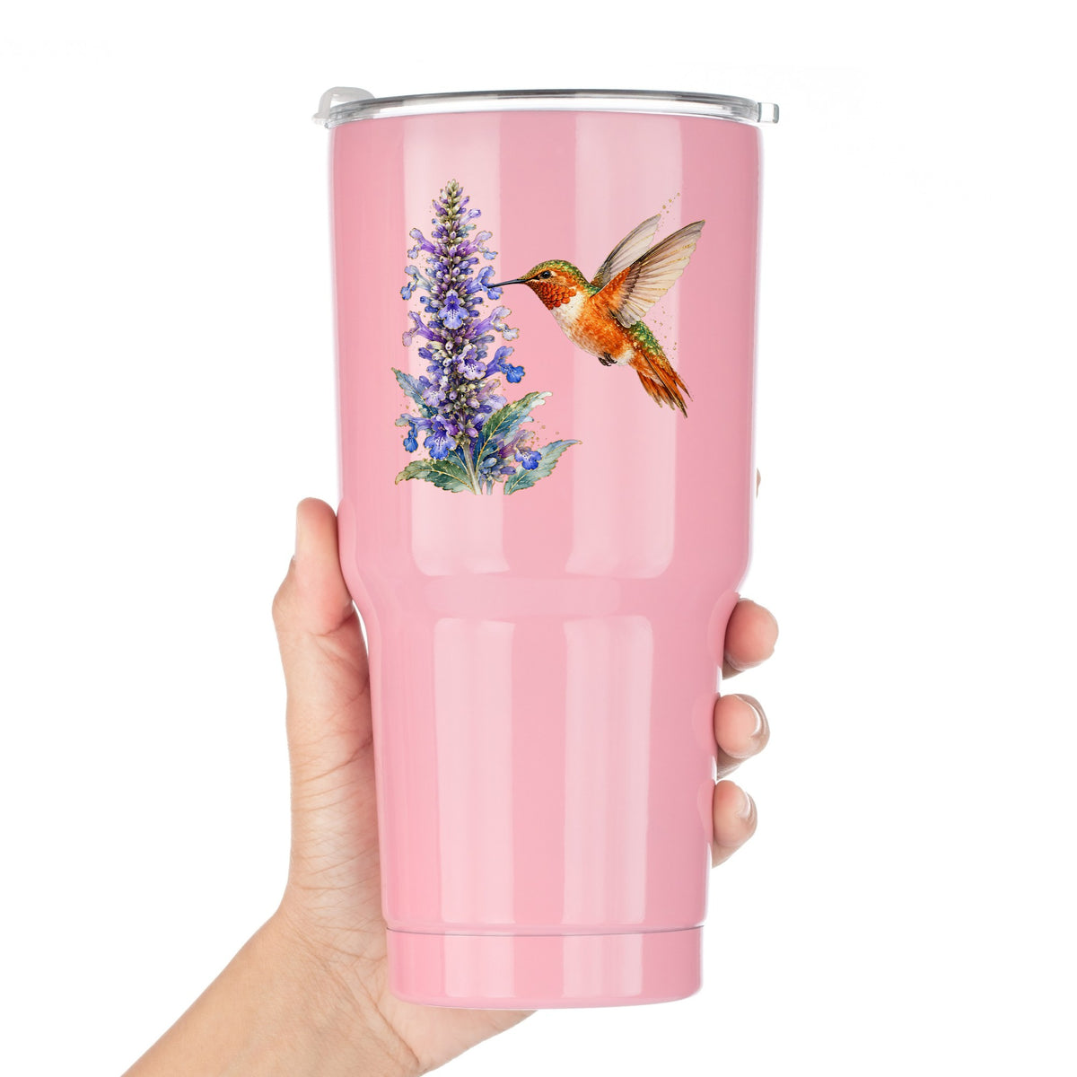 Rufous Hummingbird Purple Flowers UV DTF sticker applied to a pink tumbler held against a white background