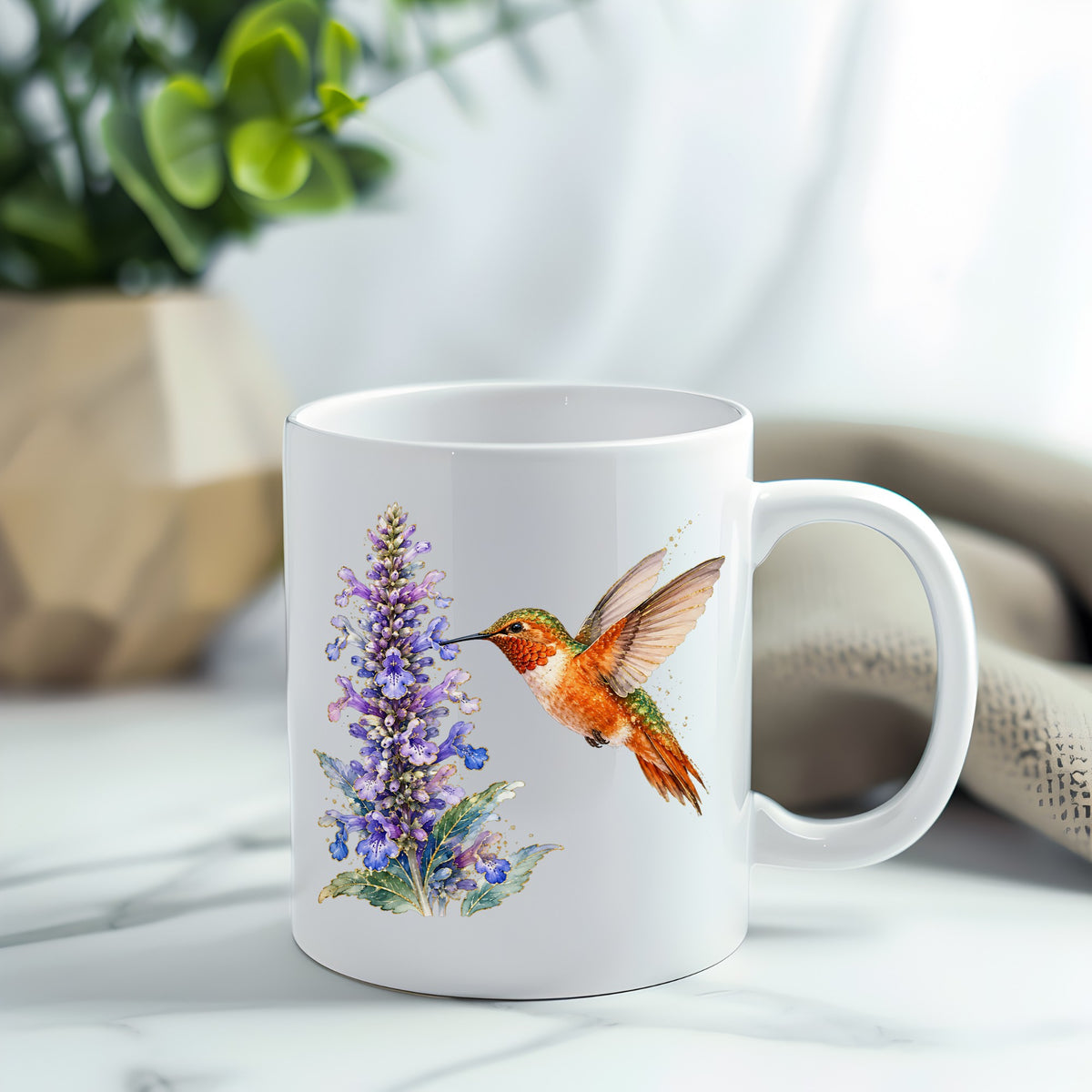 Rufous Hummingbird Purple Flowers UV DTF sticker applied to a white coffee mug