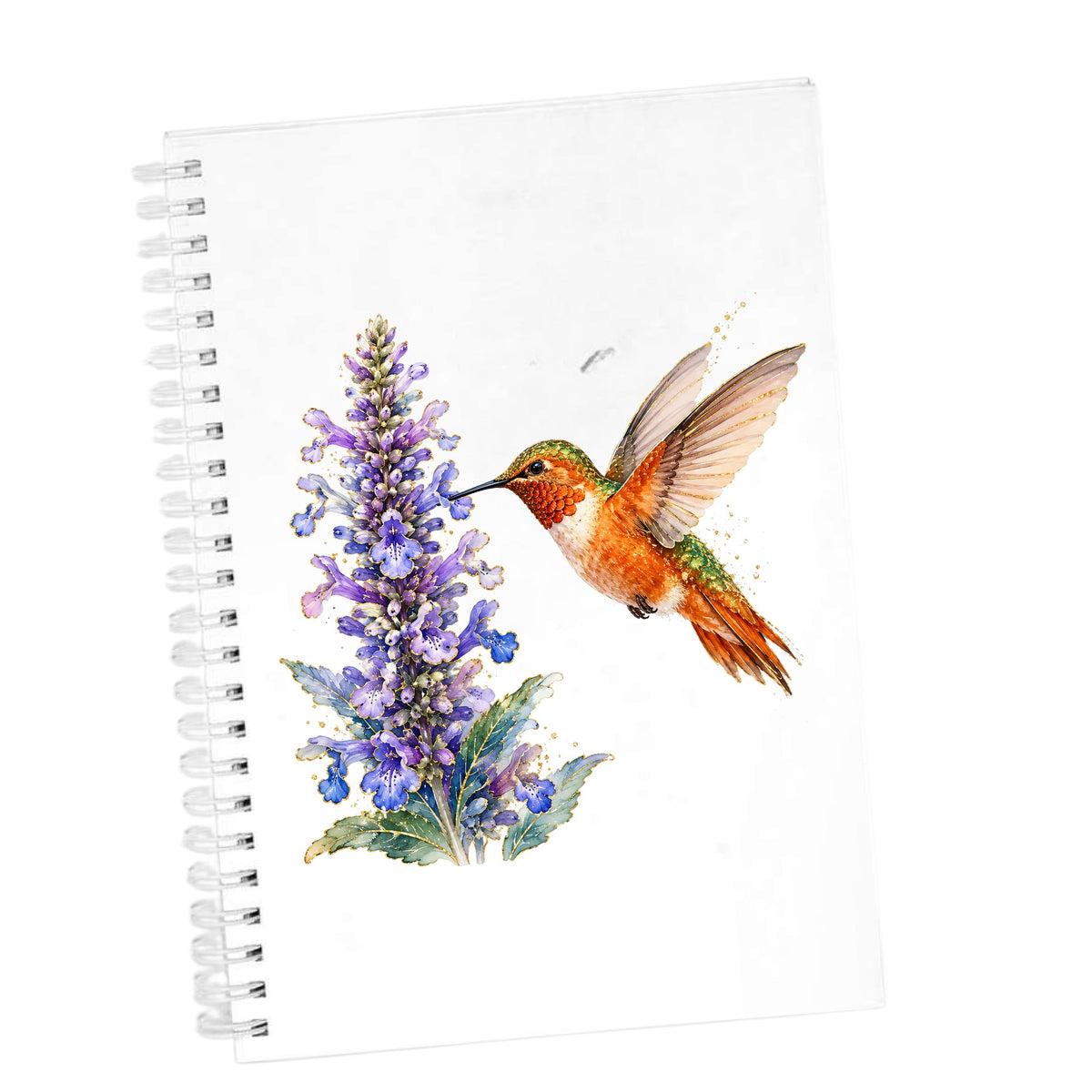 Rufous Hummingbird Purple Flowers UV DTF sticker applied to the cover of a white spiral journal