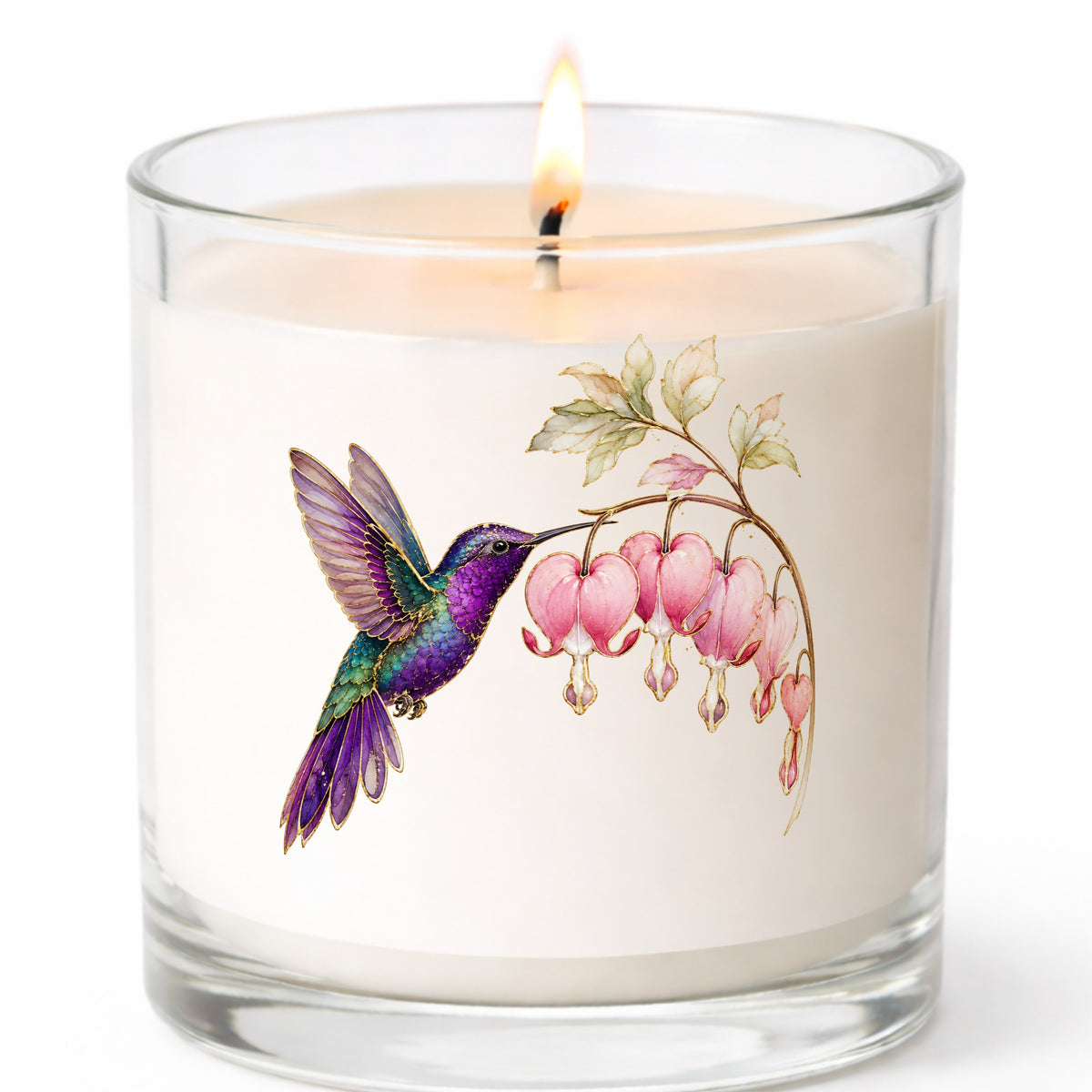 Purple Hummingbird Bleeding Heart UV DTF sticker applied to a white candle in a clear glass jar